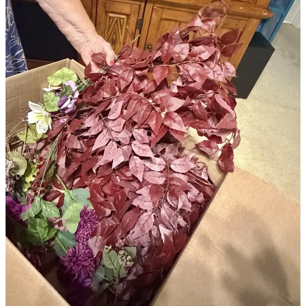 Large Lot / Box of Miscellaneous Artificial Silk Flowers - Burgundy Shades